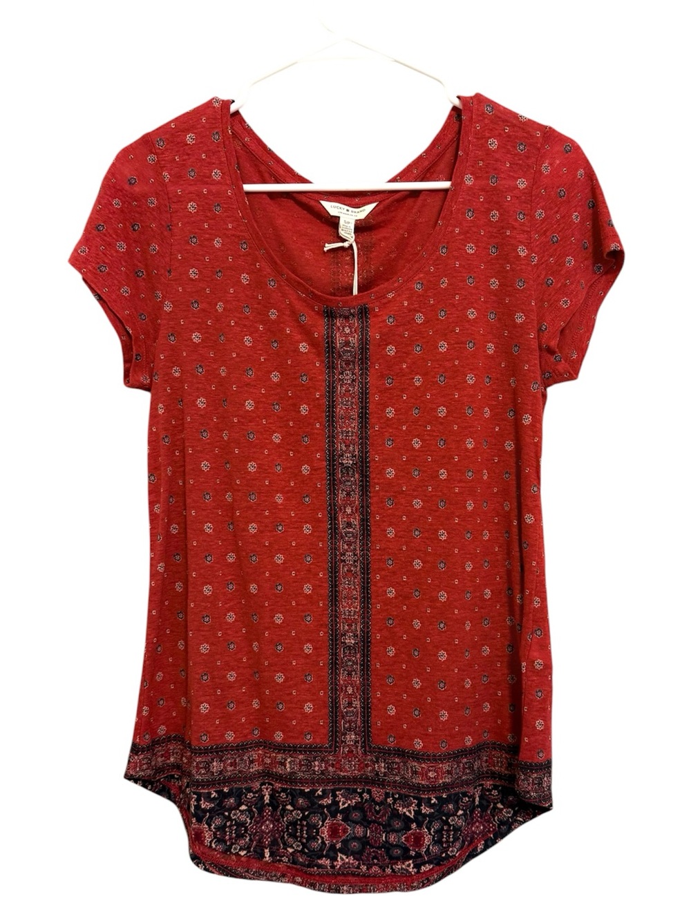 2/$30 Lucky Brand Red Boho Print Linen Blend Short Sleeve Tee Top NWT Small
